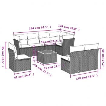 9-tlg. Garten-Sofagarnitur mit Kissen Schwarz Poly Rattan