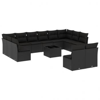 13-tlg. Garten-Sofagarnitur mit Kissen Schwarz Poly Rattan