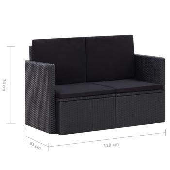 2-Sitzer-Gartensofa mit Auflagen Schwarz Poly Rattan