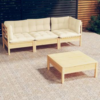 ARDEBO.de - 4-tlg. Garten-Lounge-Set mit Creme Kissen Kiefernholz