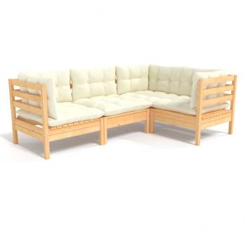 4-tlg. Garten-Lounge-Set mit Creme Kissen Kiefernholz