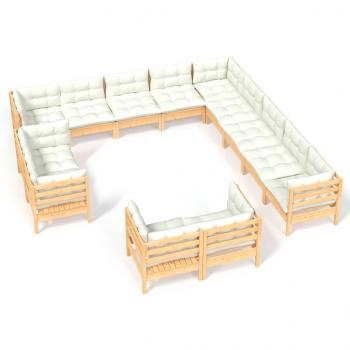 13-tlg. Garten-Lounge-Set mit Creme Kissen Massivholz Kiefer