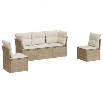 5-tlg. Garten-Sofagarnitur mit Kissen Beige Poly Rattan