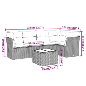 6-tlg. Garten-Sofagarnitur mit Kissen Grau Poly Rattan