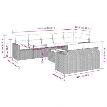 9-tlg. Garten-Sofagarnitur mit Kissen Grau Poly Rattan