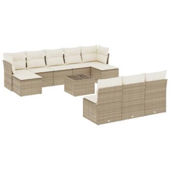 11-tlg. Garten-Sofagarnitur mit Kissen Beige Poly Rattan