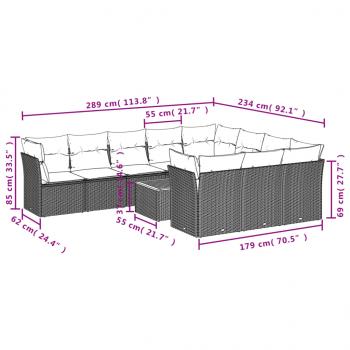 11-tlg. Garten-Sofagarnitur mit Kissen Schwarz Poly Rattan