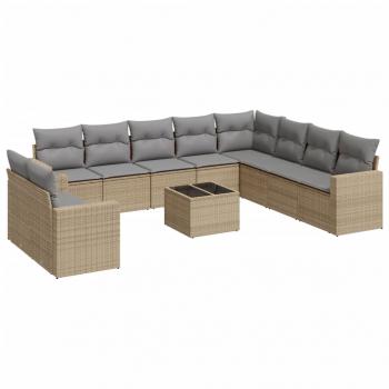 11-tlg. Garten-Sofagarnitur mit Kissen Beige Poly Rattan