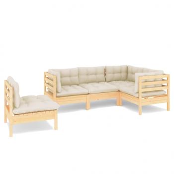 5-tlg. Garten-Lounge-Set mit Creme Kissen Kiefernholz