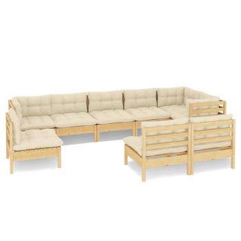 9-tlg. Garten-Lounge-Set mit Creme Kissen Massivholz Kiefer