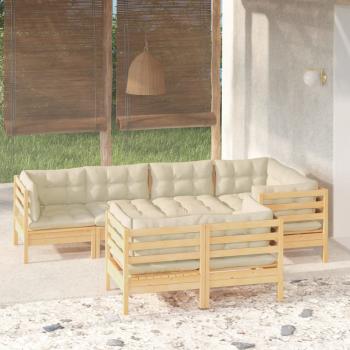 ARDEBO.de - 7-tlg. Garten-Lounge-Set mit Creme Kissen Massivholz Kiefer