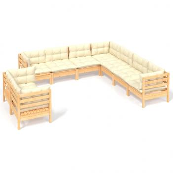 9-tlg. Garten-Lounge-Set mit Creme Kissen Massivholz Kiefer