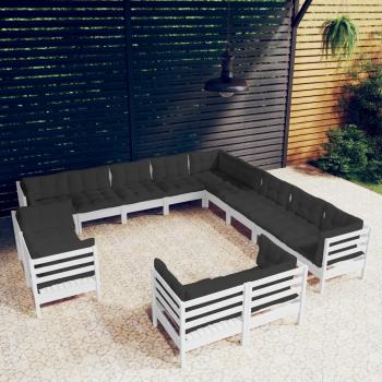 ARDEBO.de - 13-tlg. Garten-Lounge-Set mit Kissen Weiß Massivholz Kiefer