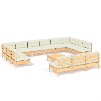 14-tlg. Garten-Lounge-Set mit Creme Kissen Massivholz Kiefer