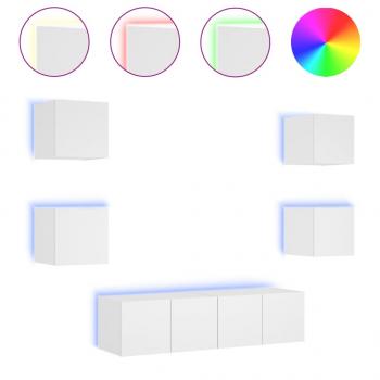 6-tlg. Wohnwand mit LED-Beleuchtung Weiß Holzwerkstoff