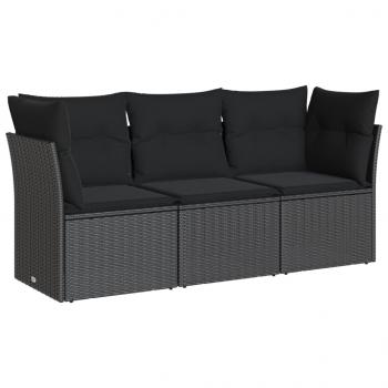 3-tlg. Garten-Sofagarnitur mit Kissen Schwarz Poly Rattan