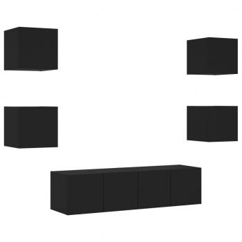 6-tlg. Wohnwand mit LED-Beleuchtung Schwarz Holzwerkstoff