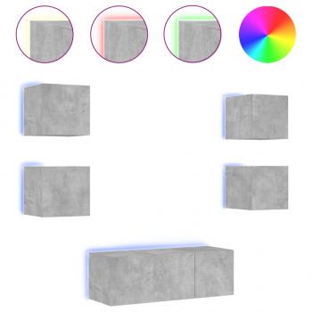 6-tlg. Wohnwand mit LED-Beleuchtung Betongrau Holzwerkstoff