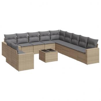 12-tlg. Garten-Sofagarnitur mit Kissen Beige Poly Rattan