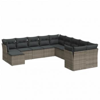 11-tlg. Garten-Sofagarnitur mit Kissen Grau Poly Rattan