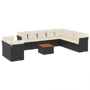 11-tlg. Garten-Sofagarnitur mit Kissen Schwarz Poly Rattan