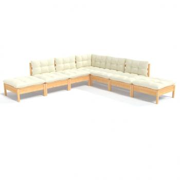 7-tlg. Garten-Lounge-Set mit Creme Kissen Kiefernholz