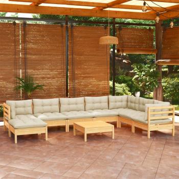 ARDEBO.de - 9-tlg. Garten-Lounge-Set mit Creme Kissen Massivholz Kiefer