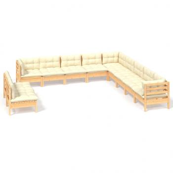 11-tlg. Garten-Lounge-Set mit Creme Kissen Massivholz Kiefer