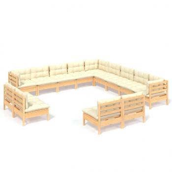 13-tlg. Garten-Lounge-Set mit Creme Kissen Massivholz Kiefer