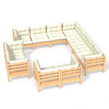 11-tlg. Garten-Lounge-Set mit Creme Kissen Massivholz Kiefer