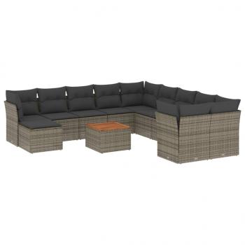 12-tlg. Garten-Sofagarnitur mit Kissen Grau Poly Rattan