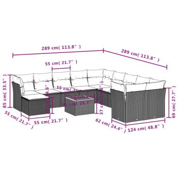 12-tlg. Garten-Sofagarnitur mit Kissen Grau Poly Rattan