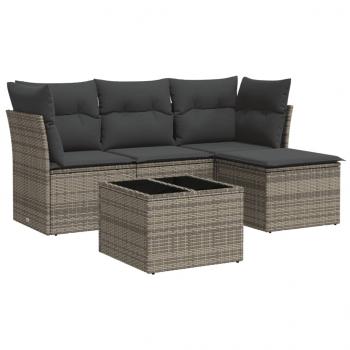 5-tlg. Garten-Sofagarnitur mit Kissen Grau Poly Rattan