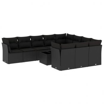 11-tlg. Garten-Sofagarnitur mit Kissen Schwarz Poly Rattan