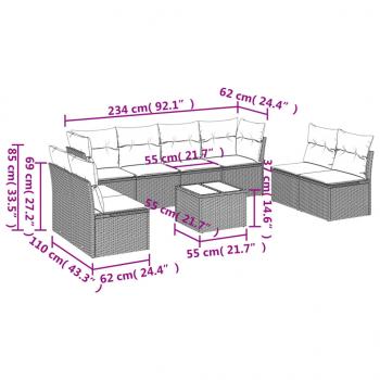 9-tlg. Garten-Sofagarnitur mit Kissen Grau Poly Rattan