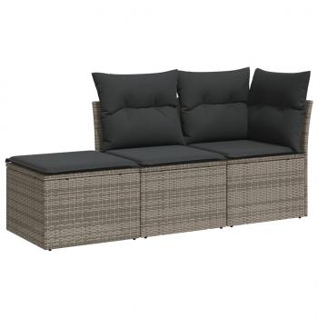 3-tlg. Garten-Sofagarnitur mit Kissen Grau Poly Rattan