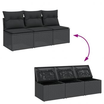 Gartensofa mit Kissen 3-Sitzer Schwarz Poly Rattan