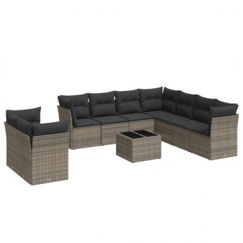 10-tlg. Garten-Sofagarnitur mit Kissen Grau Poly Rattan