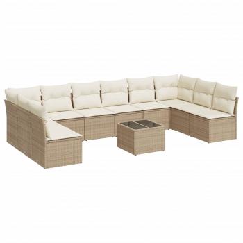 11-tlg. Garten-Sofagarnitur mit Kissen Beige Poly Rattan