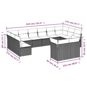 12-tlg. Garten-Sofagarnitur mit Kissen Grau Poly Rattan