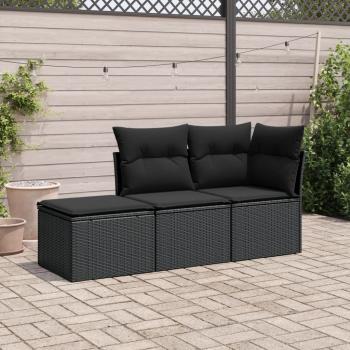 ARDEBO.de - 3-tlg. Garten-Sofagarnitur mit Kissen Schwarz Poly Rattan