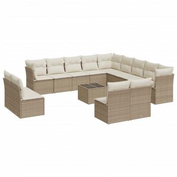 14-tlg. Garten-Sofagarnitur mit Kissen Beige Poly Rattan