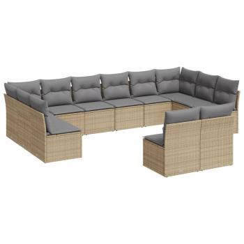 12-tlg. Garten-Sofagarnitur mit Kissen Beige Poly Rattan