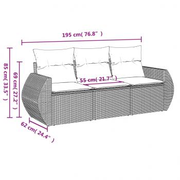 3-tlg. Garten-Sofagarnitur mit Kissen Grau Poly Rattan