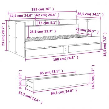 Tagesbett mit Schubladen Grau Sonoma 75x190 cm Holzwerkstoff