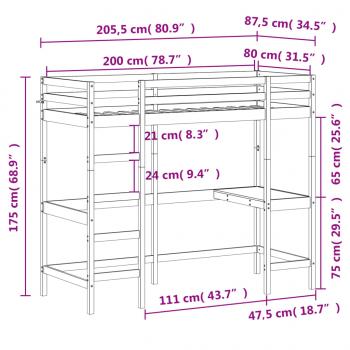 Hochbett mit Schreibtisch Wachsbraun 80x200cm Massivholz Kiefer