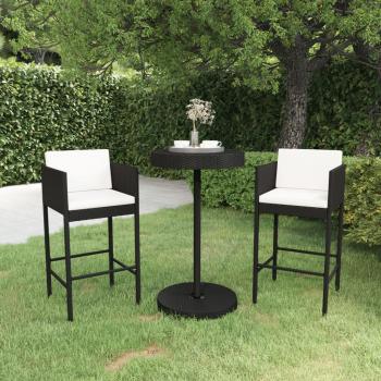 ARDEBO.de - 3-tlg. Gartenbar-Set mit Kissen Poly Rattan Schwarz