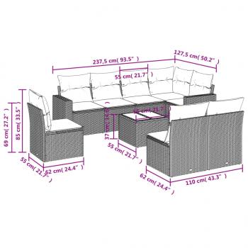 9-tlg. Garten-Sofagarnitur mit Kissen Grau Poly Rattan