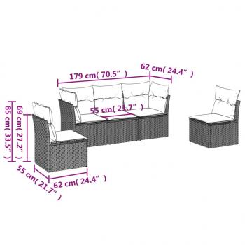 5-tlg. Garten-Sofagarnitur mit Kissen Schwarz Poly Rattan