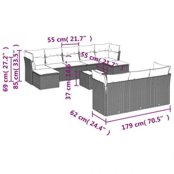 10-tlg. Garten-Sofagarnitur mit Kissen Grau Poly Rattan